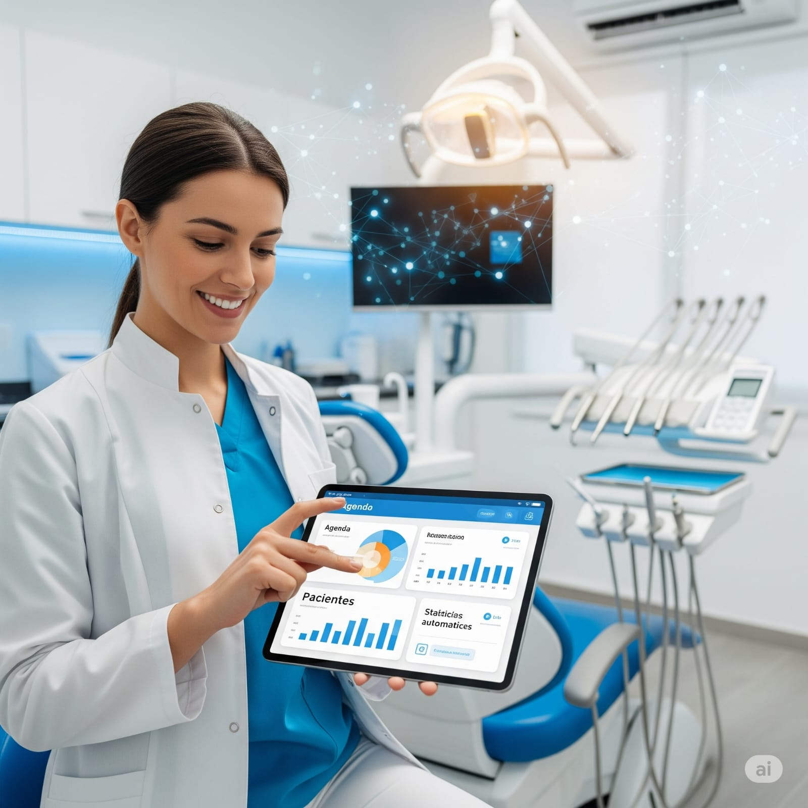 Dentista y asistente en consultorio moderno